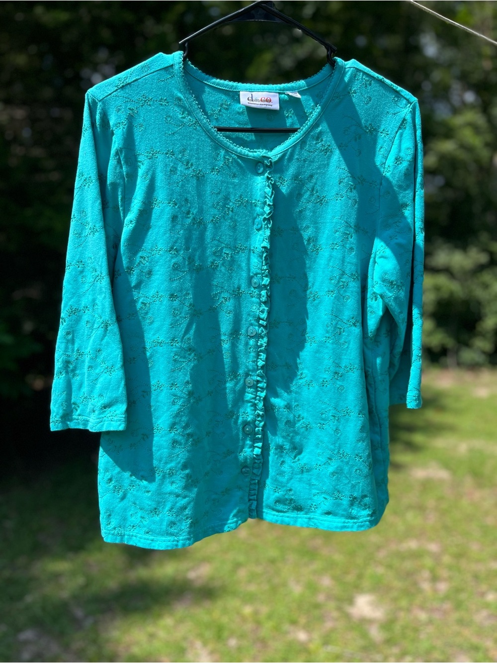 d&co Teal Button-Front Embroidered Women's Top